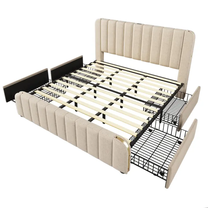 Cama tapizada Cabecero tapizado Doble con Rayas Decorativas Doradas y Carga USB Type-C 180*200 cm, material de lino beige, con 4 cajón, capacidad de carga 226 kg (cojín sin). - 1