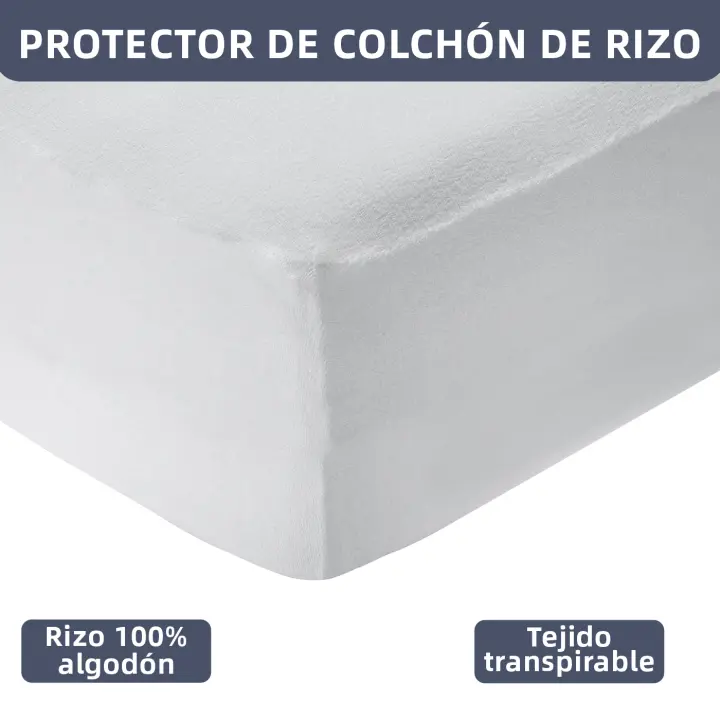Protector de colchón Rizo Extra Suave 100% Algodón, Cubrecolchón, Topper Protector de Cama Blanco, Elástico, Ajustable y Absorbente,Varias Medidas - 1