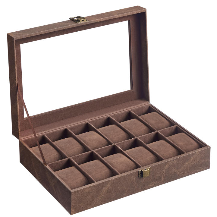 SONGMICS Caja de Relojes con 12 Compartimentos, Estuche de Relojes con Tapa de Cristal, Cojín Extraíble, Cierre Metálico, Cuero Sintético Negro y Forro Gris/Negro/Negro y Biege/Negro y Forro Rojo Burdeos/Blanco Nube y Beige Capuchino/Marrón Café