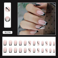 Set De 24 Uñas Postizas De Ballet Mediano Largo Con Dibujos De Rayas Y Brillo Negro Y Plateado Uñas Artificiales Francesas Removibles Para Oficina Y Fiestas - details 0