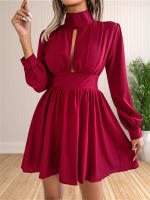Vestido Mini De Cuello Alto Manga Larga Casual Para Mujer Vestido Swing Con Agujeros Ajuste Regular Polyester Estilo Sexy Y Club - details 10