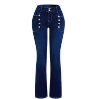 Pantalones Vaqueros De Cintura Alta Para Mujer Con Detalle De Botón Y Ajuste Slim Fit En Azul Oscuro Con Estiramiento Cómodo Moda Casual Elegante - details 2