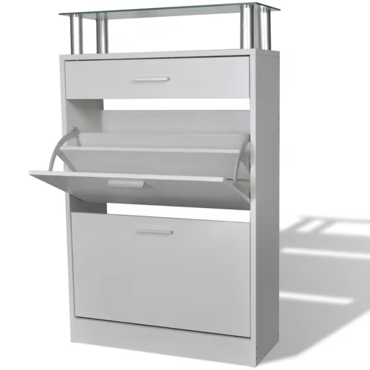 vidaXL Mueble zapatero con cajón y estante superior de vidrio blanco - 1