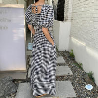 Vestido A-Line De Cintura Alta Estilo Coreano REALEFT Verano Para Mujer Con Manga Puff Cuello Cuadrado Lace-Up Midi Plaid - details 3