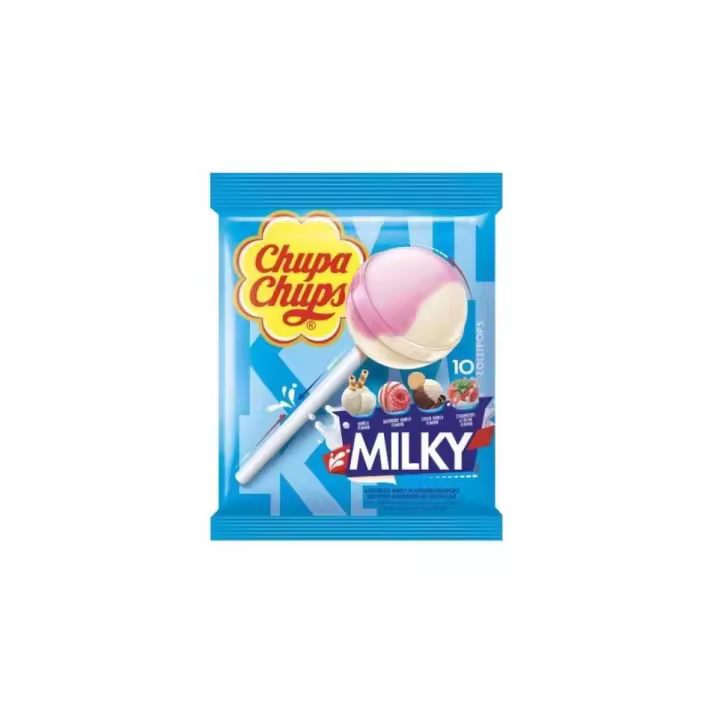 ChupaChups Milky caja con 12 bolsas - Chupa Chups en su gama de sabores lácteos: vainilla, frambuesa-vainilla, cacao-vainilla y fresa-nata, con colorantes naturales y envueltos individualmente. Se sirven en paquetes de 10 Chupa Chups cada uno - 120 UDS - 1