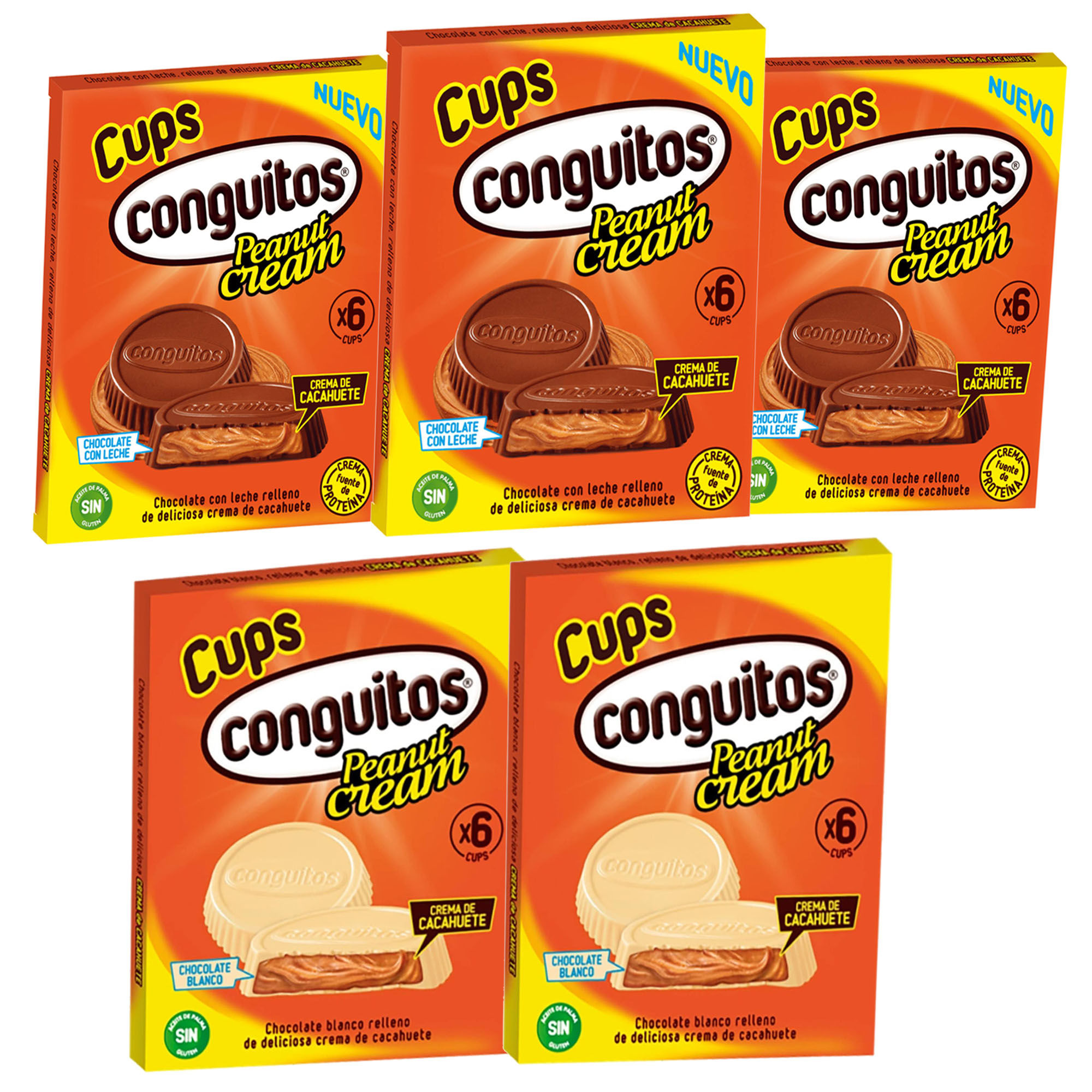 Conguitos cups pack 5 cajas de 6 Uds: 3 cajas chocolate con leche + 2 cajas chocolate blanco .