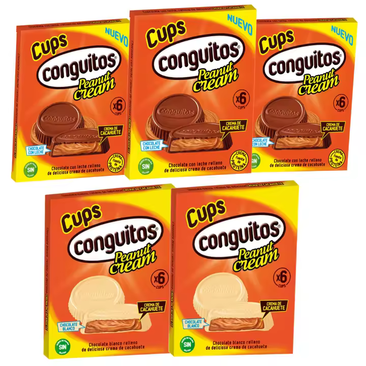 Conguitos cups pack 5 cajas de 6 Uds: 3 cajas chocolate con leche + 2 cajas chocolate blanco . - 1
