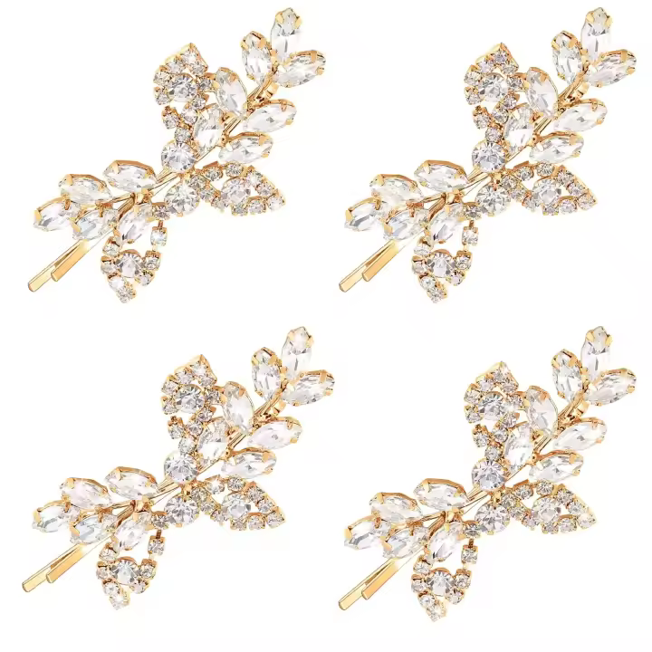 piezas de horquillas para el pelo de novia con diamantes de imitación, horquillas para el pelo de boda con forma de hoja, horquillas para el pelo de novia con cristales y perlas (dorado, estilo diamantes de imitación) - 1