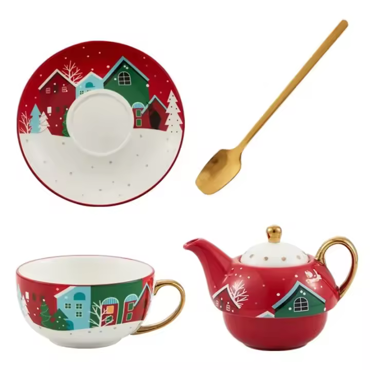 Juego De Tetera Y Taza De Cerámica Con Caja De Regalo Manija Plateada Dorada Vaso De Té De Navidad Cuchara Soporte Para Café Xmas Gifts - 1
