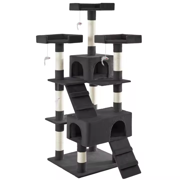 Tectake - Rascador para gatos BARNEY, 2 casetas para gatos con felpa para mayor suavidad, Varias alturas, 3 plataformas para descansar - 1