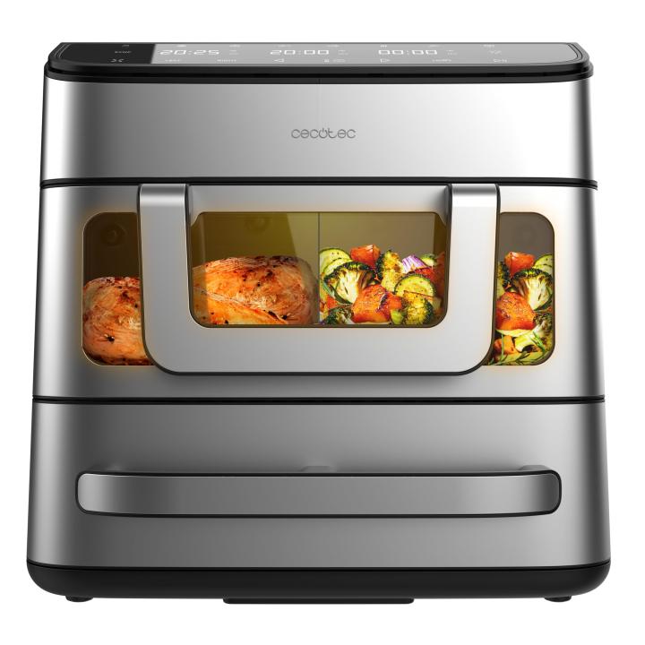Freidora de aire y horno Cecotec - Air Fryer 18L Cecofry FoodCourt 18000 4Pizza. 2700W, Horno 12", Temp. Máx. 230ºC, 9L Divisor de pared y 200ºC, Función Sync, Piedra para pizza, Pantalla a color, Acero inoxidable
