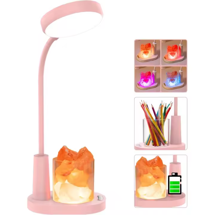 SOMY Lámpara de escritorio para niños, lámpara de mesa con sal del Himalaya, lámpara de noche que cambia automáticamente de color, con portalápices, lámpara de lectura recargable regulable para niños, luz nocturna rosa - 1
