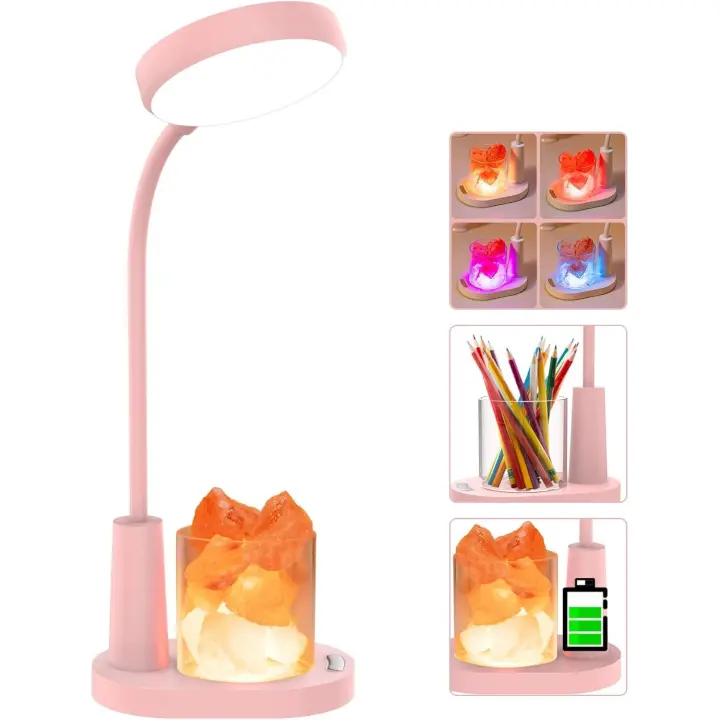 SOMY Lámpara de escritorio para niños, lámpara de mesa con sal del Himalaya, lámpara de noche que cambia automáticamente de color, con portalápices, lámpara de lectura recargable regulable para niños, luz nocturna rosa - 1