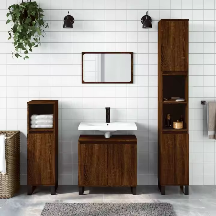 vidaXL Armario de baño madera de ingeniería 58x33x60 cm en color Gris hormigón/Madera antigua/Negro y más | almacenamiento funcional diseño moderno para baño dormitorio sala - 1