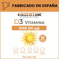 Vitamina D3 Complemento esencial para evitar el cansancio y absorber el calcio necesario para los huesos  Vitamina esencial para mejorar tu salud 60 Cápsulas vegetales de 550 mg NOVEDAD. Essential By Natural Bio Pharma - details 1