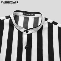 Blusa De Botones Para Hombre INCERUN Estilo Casual Verano Camisas De Punto Con Cuello Erguido Manga Corta Estampado Rayado Tallas Hasta 5XL - details 19