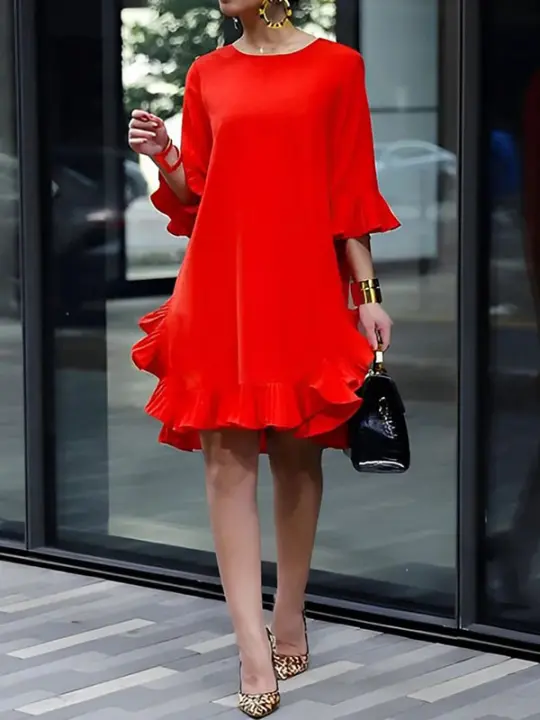 Vestido Midi Rojo Elegante Para Fiestas Y Noches Mujer Primavera Verano Manga Corta Sólido Casual Vestidos Hasta La Rodilla UOOZEE - 1