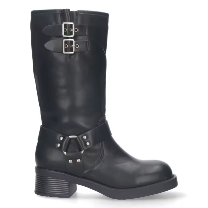 PuntoSalao Botas altas planas estilo moteras biker para mujer color negro - 1