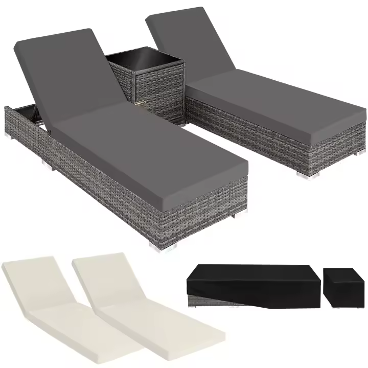 Tectake - 2 tumbonas de Poliratán y aluminio + mesa  Para interiores y Exteriores, incluye tuercas de acero inoxidable  Mesa auxiliar con espacio para almacenaje  Ajustable en 5 posiciones - 1