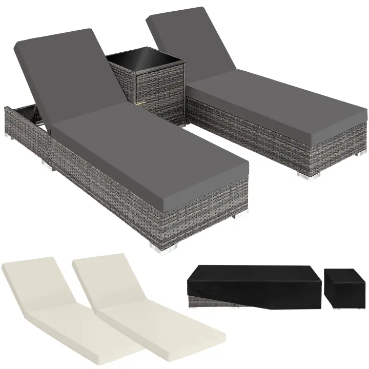 Tectake - 2 tumbonas de Poliratán y aluminio + mesa  Para interiores y Exteriores, incluye tuercas de acero inoxidable  Mesa auxiliar con espacio para almacenaje  Ajustable en 5 posiciones - 1