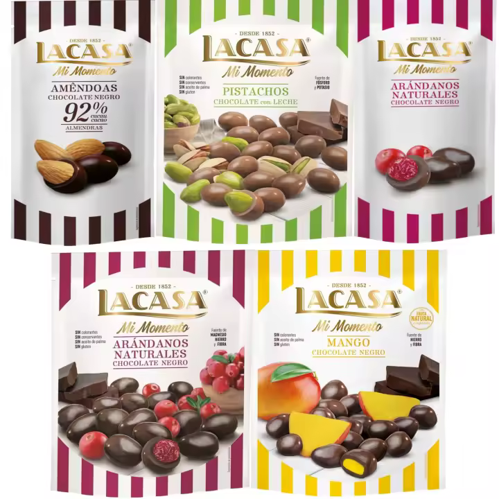 Lacasa Mi Momento pack de 5:Arándano Chocolate Negro ,Almendra 92% ,Arándano Chocolate Negro ,Pistacho Chocolate Leche ,Mango Chocolate Negro - 1