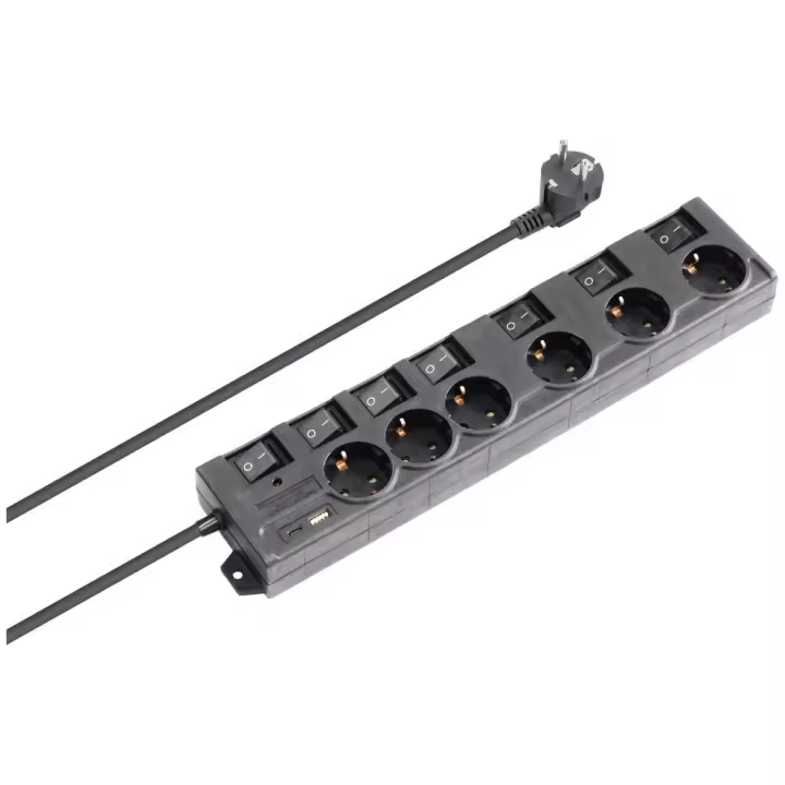 Regleta de 1E:6S Schuko con interruptores individuales y USB - 1