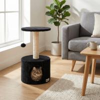 Casa Basics - Rascador para gatos KUCHI, Árbol para Gatos, Alto: 59 cm, 1 caseta, 1 Plataforma Mirador, 1 pompon, Negro/Gris/Beige - details 0