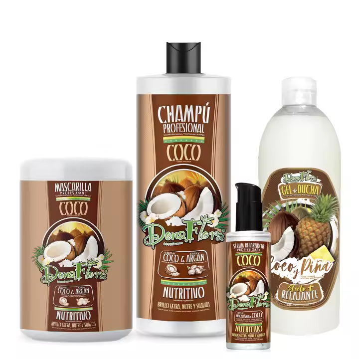 Pack Dona Flora Coco & Argan: Champú 1000ml + Mascarilla Capilar 1000ml + Serum 100ml + Gel de Baño Coco 750ml - Hidratación y reparación intensiva para cabellos secos y dañados - Vendido por Beauty World Distributor - 1