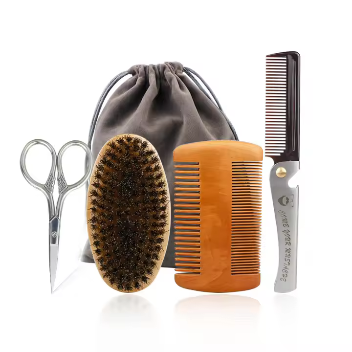 Cepillo De Barba Para Hombres Con Cerdas De Cerdo Natural Y Madera Cepillo De Afeitar Y Peine Para Bigote Set De Limpieza Incluye Bolsa De Regalo - 1
