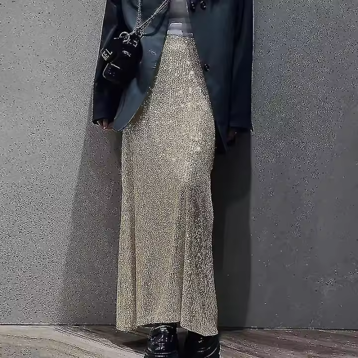 Moda Lentejuelas falda elegante largo cintura alta Oficina casual señora suelta Faldas - 1