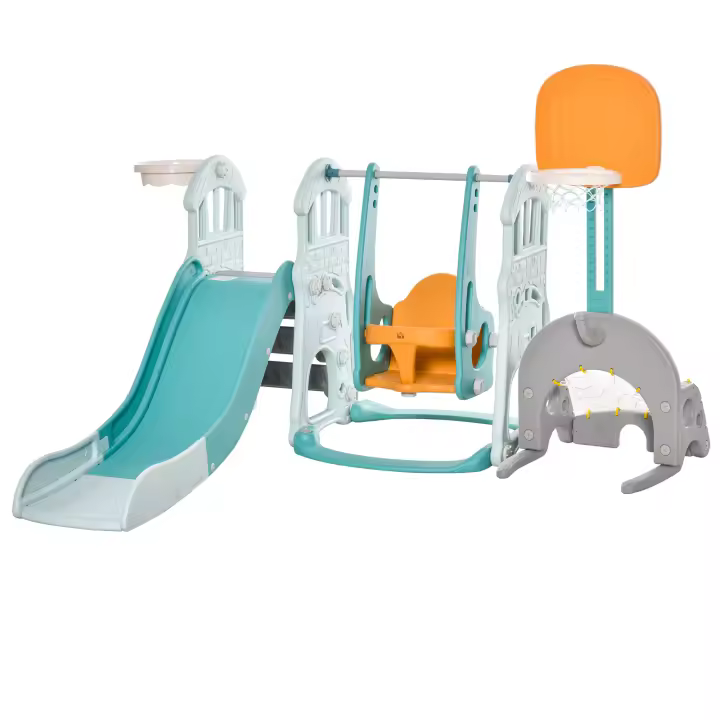 HOMCOM 5 en 1 Tobogán y Columpio para Niños +18 Meses con 2 Canastas de Baloncesto Portería Fútbol con Asiento Ajustable Parque Infantil Interior y Exterior 210x186x133 cm Multicolor - 1