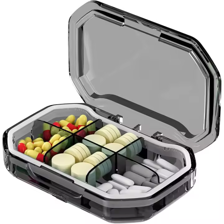Pastilleros portátiles, Organizador de 6 rejillas, contenedor para tabletas, pastillero de viaje con anillo de asiento, organizer sellado, 1 Unidad - 1