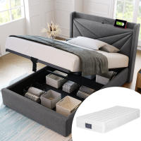 Cama tapizada Cama individual Caja de Cama con función de carga USB C Cabecero, Cama de almacenamiento Marco de Cama de Lino Cama Juvenil 90x200 with somier (Con colchón) - details 5