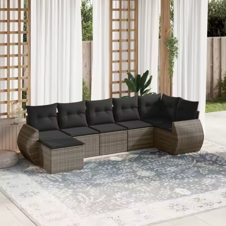 vidaXL Set de sofás de jardín 7 piezas con cojines ratán PE gris - 1