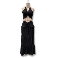 Conjunto Elegante De 2 Piezas Para Mujer Halter Sin Espalda Camisola De Cintura Elástica Con Volantes + Falda Larga De Encaje Sólida Vestido De Noche Para Fiesta Y Vacaciones En La Calle - details 14