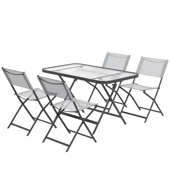 Outsunny Conjunto Mesa y 4 Sillas de Jardín Plegable Juego de Comedor de 5 Piezas con Mesa de Vidrio Templado Estilo Moderno para Terraza Patio Gris - 1