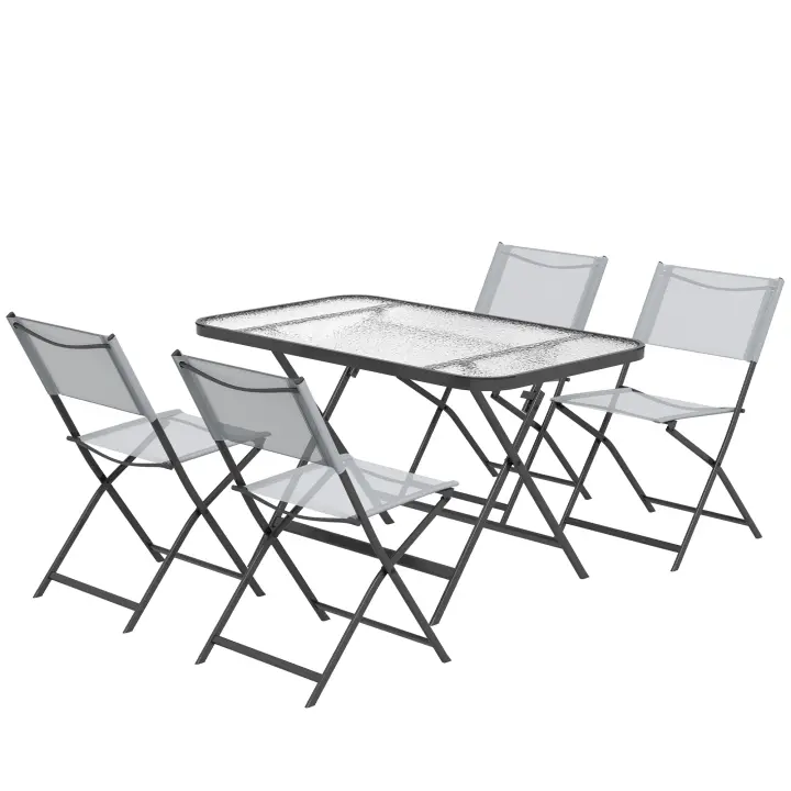 Outsunny Conjunto Mesa y 4 Sillas de Jardín Plegable Juego de Comedor de 5 Piezas con Mesa de Vidrio Templado Estilo Moderno para Terraza Patio Gris - 1