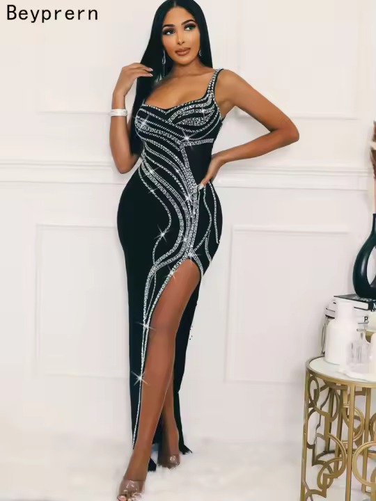 Vestido Maxi De Mujer Con Diamantes Y Abertura En Pierna Beyprern Decorado Con Rhinestones Vestido Sexy Para Fiesta Club Cumpleaños Poliéster Elástico Sin Mangas - 1
