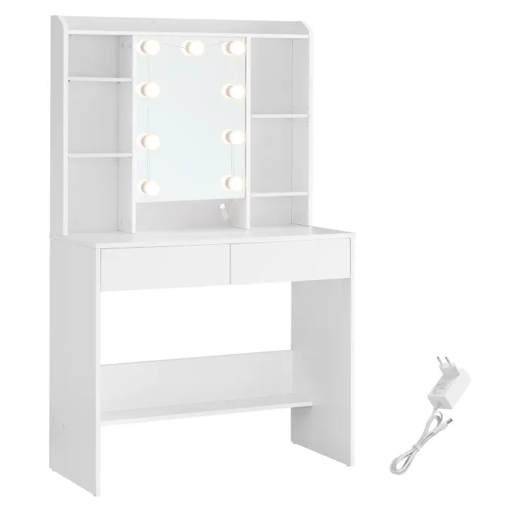 VASAGLE Tocador con 9 Luces LED 3 Tonos y Brillo Ajustable, Mesa de Maquillaje con Espejo, 9 Bombillas, Estantes Ajustables, 2 Cajones, Tocador Moderno, Blanco Nube(Este producto se envía en dos paquetes) - 1