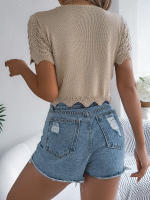 Cardigan De Punto Para Mujer Verano Otoño Ligero De Visón Manga Corta Cuello Redondo Estilo Casual Color Sólido Con Agujeros - details 13