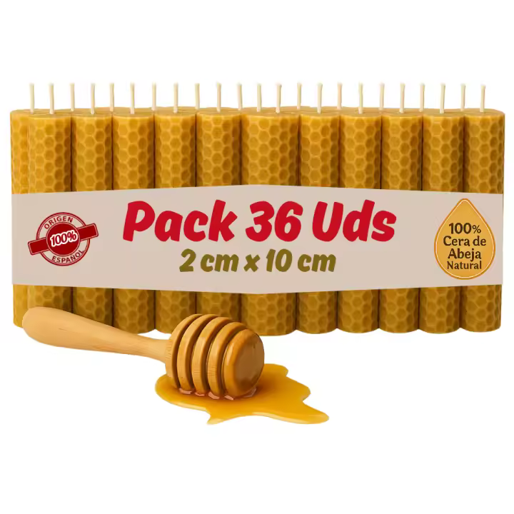 Vadeincienso Lote de 36 velas de cera  de abeja  2 x 10 cm sin parafina y cera nacional de apicultores españoles hechas a mano una a una por nosotros - 1