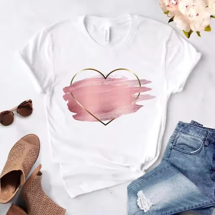 Camiseta Mujer Estampado De Corazón Y Flor Casual Cuello Redondo Manga Corta Blanca Impresión De Amor Talla Regular Algodón Modal Elastano - 1