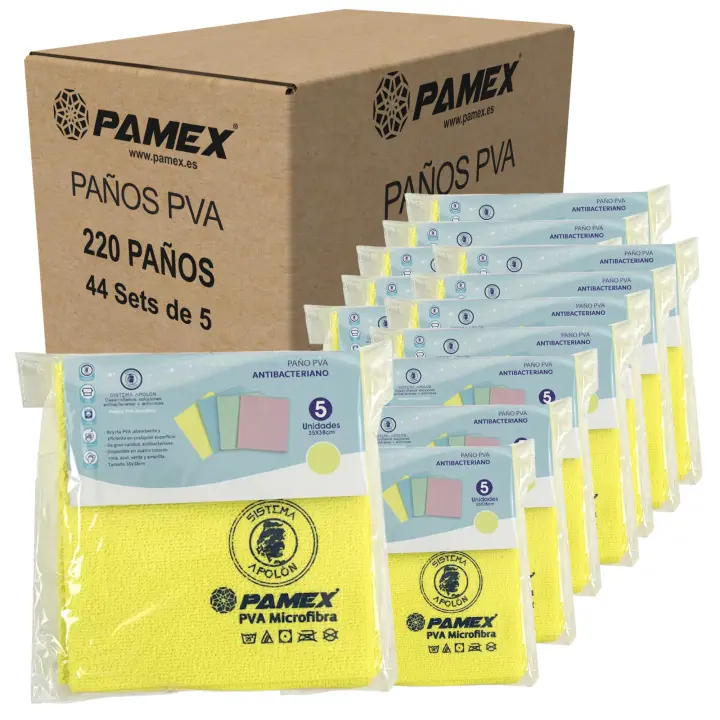 PAMEX - 220 Paños Microfibra PVA 35X38 Cm Sets de 5 en Caja de 44 Sets Surtido de Colores Azul Rosa Amarillo Verde - 1