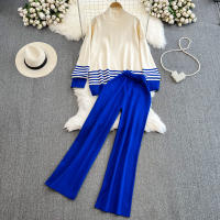 Conjunto De Ropa De Mujer REALEFT Otoño Invierno 2 Piezas Traje De Pista Tejido Con Cuello Alto Rayado Y Pantalones Rectos Polyester Estilo Casual - details 6