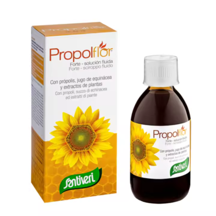Santiveri Propolflor Forte Jarabe 200 ml - Complemento Alimenticio a base de jugo de Equinácea, Própolis y Extractos de plantas, enriquecido con aceites esenciales, Hierro, Cobre y Vit C natural                                para la Salud Respiratoria - 1