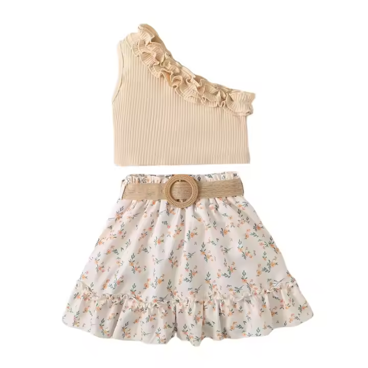 Conjunto De Ropa Para Niños Bebés 2PCS Verano Diseño Retro With Espalda Descubierta Y Falda With Flores Talla Adecuada Para Niños De 1-6 Años - 1