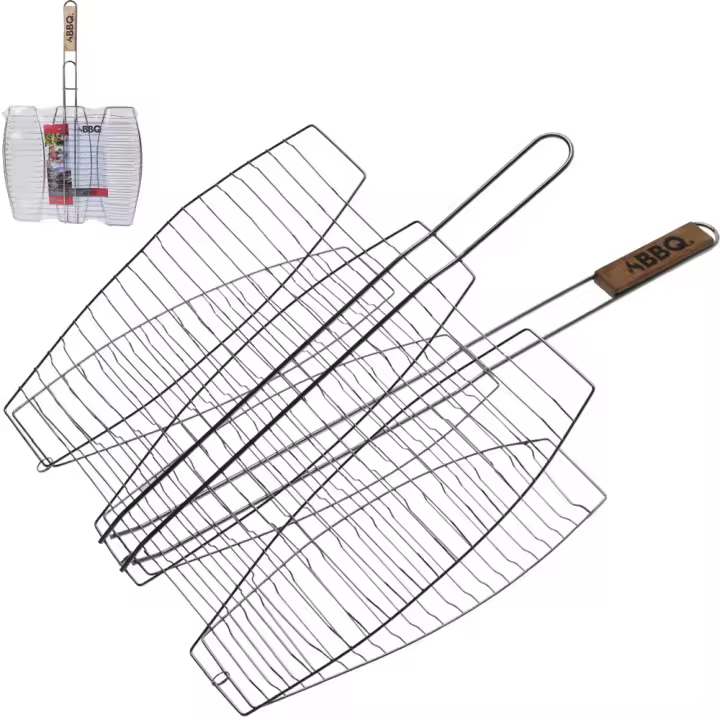 Bbq Parrilla Triple para Pescado con Mango de Madera y Cromo 36x36cm - 1