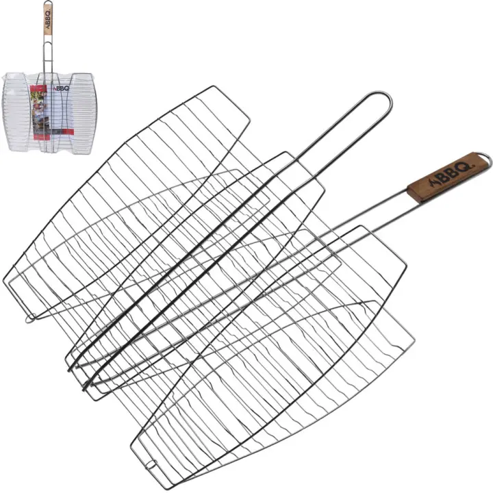 Bbq Parrilla Triple para Pescado con Mango de Madera y Cromo 36x36cm - 1