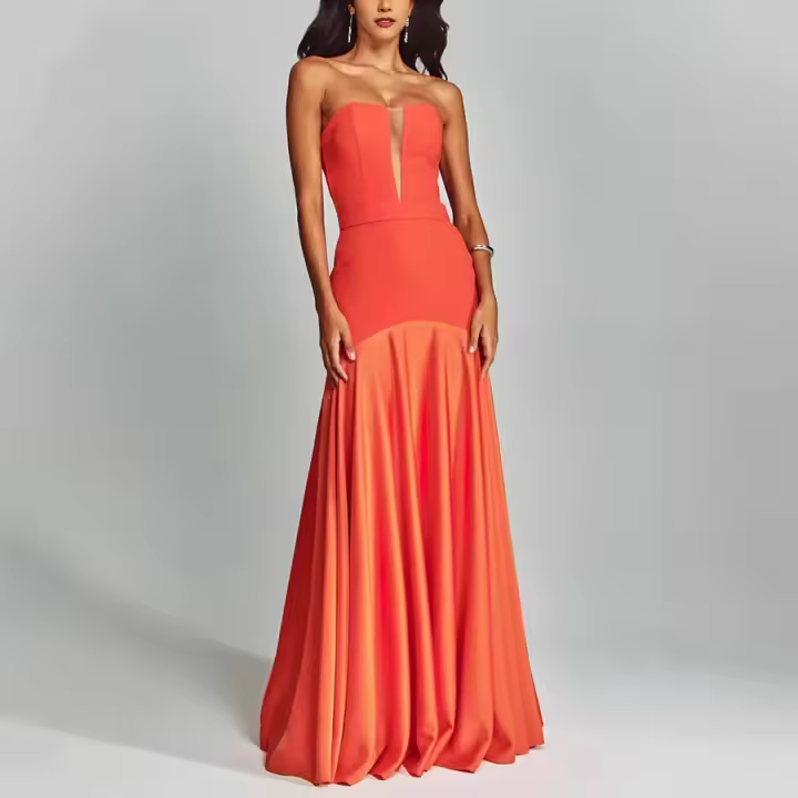 Vestido Largo Elegante De Noche Para Mujer Sin Hombros Con Cintura Alta Y Ajustado Vestido Formal Para Fiesta Y Banquete - 1