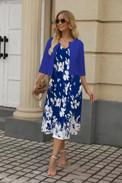 EMERY ROSE Conjunto De Vestido Y Chaqueta Abierta Con Estampado Floral Y Tirantes Spaghetti Para Mujer Estilo Casual - 1